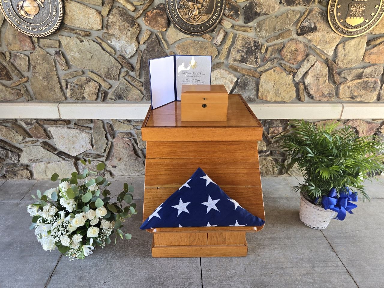 Folded American flag displayed during a full veteran burial ceremony in Oklahoma
