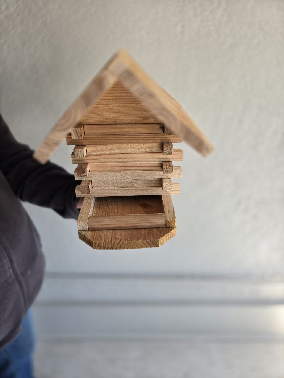 Finished rustic log cabin style bird feeder