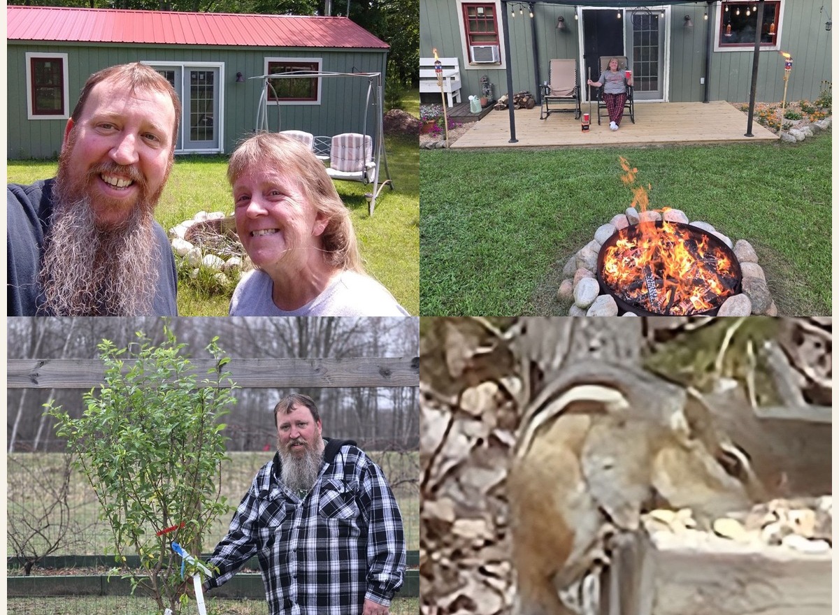 Collage featuring Hello Chippy, the cabin, Jeff and Vanessa, and the firepit