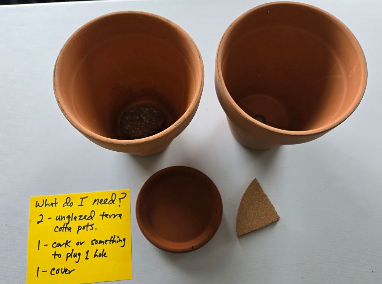 Materials needed for a DIY olla watering system