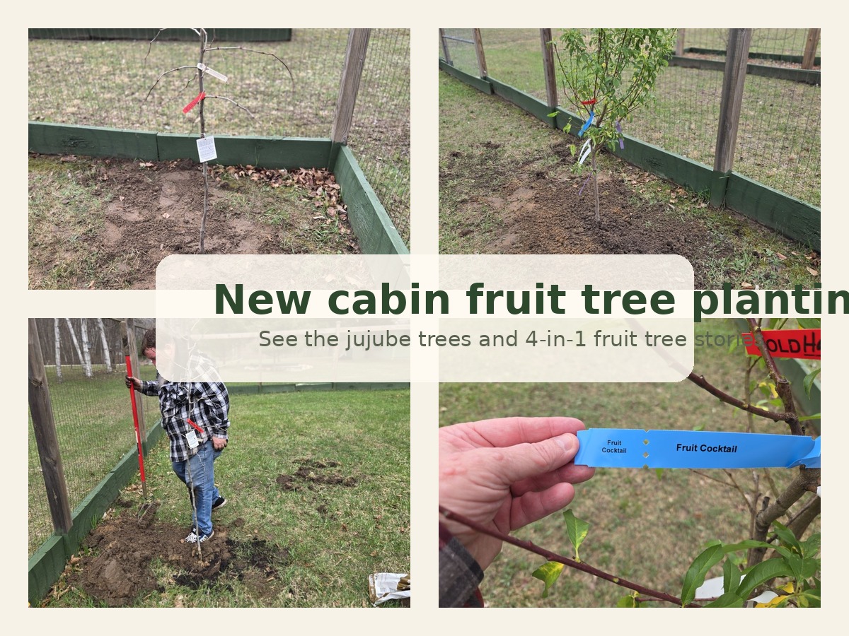 Collage of newly planted jujube trees and 4-in-1 fruit tree at the cabin