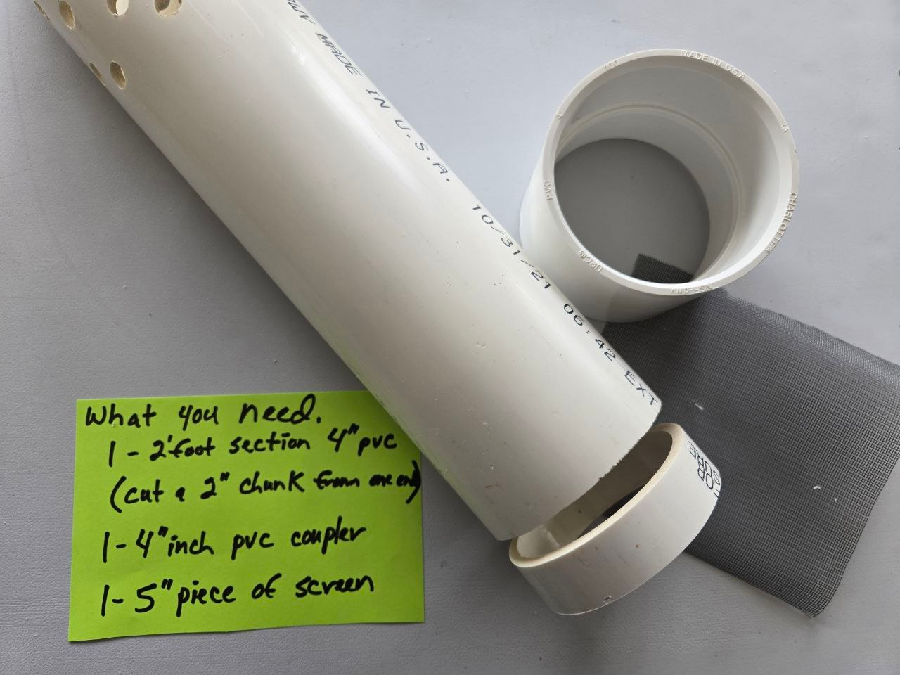 Materials needed for an in-bed worm composting tube